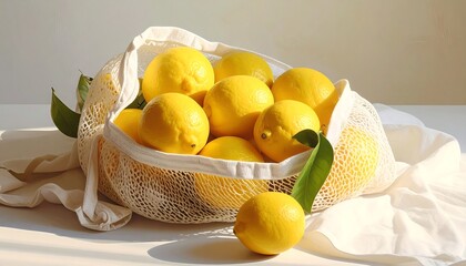 A basket full of fresh yellow lemons with leaves on a white surface