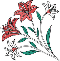 Elegant Red and White Lily Flower Illustration with Green Leaves in Minimalist Botanical Style