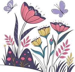 Colorful Spring Floral Illustration with Butterflies and Wildflowers in Modern Botanical Style