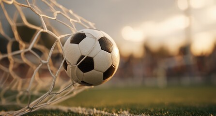 A soccer ball nestled in the net, with the blurry backdrop of a stadium at sunset