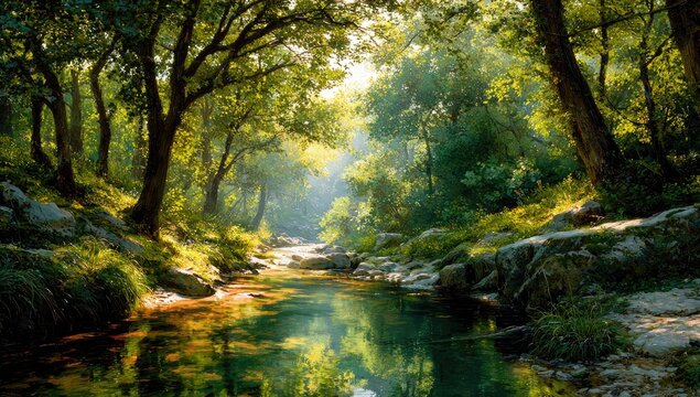 Tranquil forest scene with a flowing stream, dappled sunlight, and lush green foliage