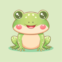 Fototapeta premium Cute cartoon frog smiling happily on a light green surface, showcasing its big eyes and rosy cheeks in a cheerful and playful manner.