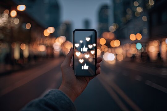 A person holding a phone with digital hearts and likes floating against a bokeh backdrop