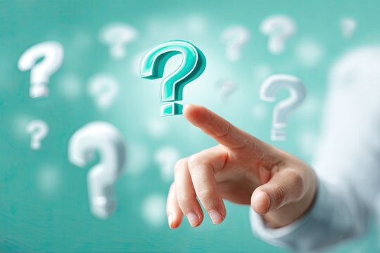 A hand touches a 3D turquoise question mark floating amidst other blurry question marks