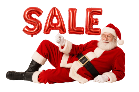 Santa Claus lying next to red “SALE” sign on a transparent background. Sale. Promotional banner.
