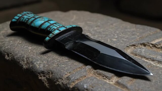 Decorative Dagger With Turquoise Handle Displayed on Stone Surface