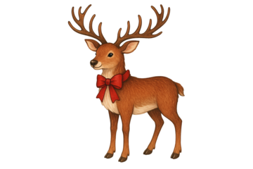 Festive deer with a red ribbon on a transparent background. New Year. Holiday mood.