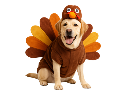Dog in a turkey costume with feathers on a transparent background
. Autumn. Festive look. Thanksgiving.