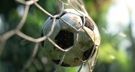 A soccer ball rests nestled inside the goal net, with greenery in the blurred background