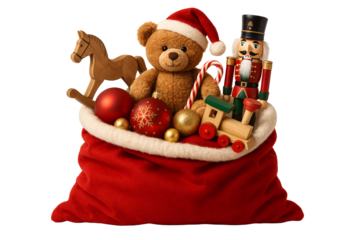 Bag with toys and teddy bear on a transparent background. Christmas. Gifts.