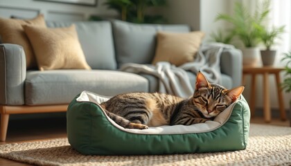 Tabby cat sleeps peacefully in soft green pet bed. Warm sunlight falls on cozy living room floor. Domestic animal rests inside modern home with grey sofa, beige pillows, plants. Scene shows calm,