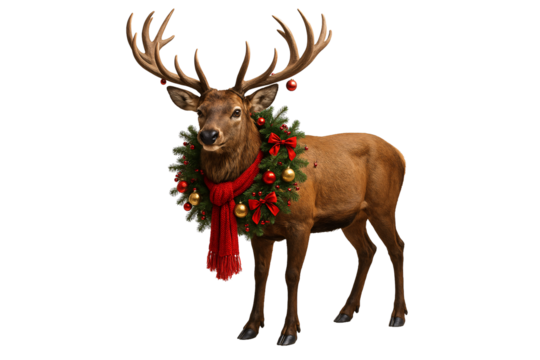 Deer with Christmas wreath and scarf on a transparent background. Winter. Christmas vibe.