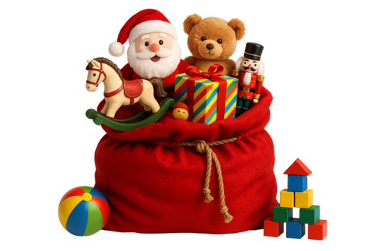 Santa’s gift bag with presents on a transparent background. Holiday season. Joy.