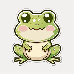 Fototapeta premium Cute cartoon frog sitting patiently on a white surface with adorable eyes and a gentle smile, radiating a playful and cheerful vibe.