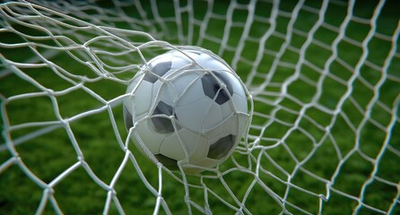 A soccer ball is nestled inside a white net, with a green field background