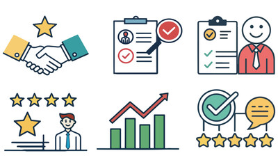Professional business icons set featuring partnership, contracts, growth, teamwork, customer satisfaction, reviews, and success metrics. Perfect for corporate presentations, websites, marketing.