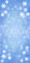 Group of fallen snowflakes with blurred white bokeh on blue background. Image for greeting card representation template concept. Vertical 19:9 format.