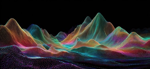 A vibrant, abstract digital landscape of colorful mountains against a black background
