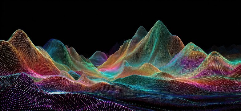 A vibrant, abstract digital landscape of colorful mountains against a black background - Powered by Adobe