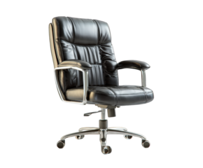 A black leather executive office chair with chrome accents, isolated on transparent background
