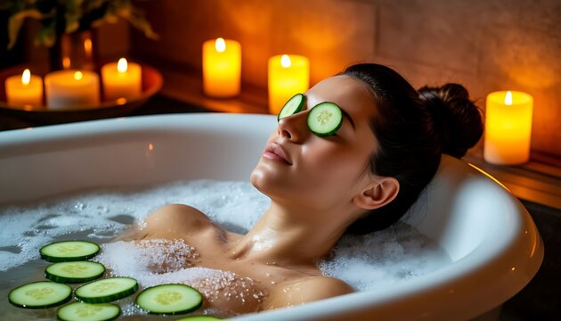 Woman enjoying a relaxing spa treatment, lying in a bathtub, experiencing wellness and self-care with candles glowing