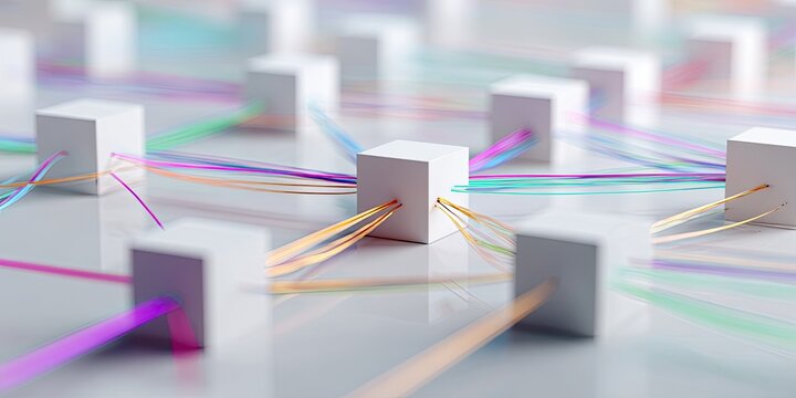 An abstract, futuristic design featuring connected white cubes with colorful lines connecting them