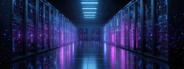 Interior view of a server room, showcasing a corridor lined with data racks, illuminated with neon light