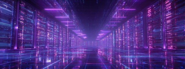 A vast, futuristic data center bathed in neon purple and blue light. Server racks extend into the distance