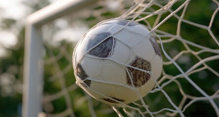 A soccer ball lodged in the net, close-up with a shallow depth of field and soft background
