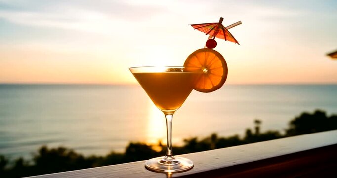 Refreshing cocktail with umbrella and slice of orange at sunset by the sea
