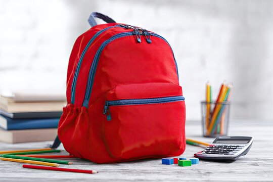 A red backpack sits beside school supplies, a calculator, and small colorful blocks on a desk