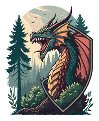 Roaring Forest Dragon Emblem – Fantasy Creature Vector Illustration.