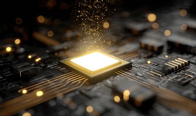 Close-up view of a computer processor glowing with light amidst intricate circuitry