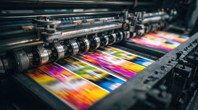 Medium shot of a printing press producing vibrant mail pieces with personalized names and dynamic offers highlighting advanced variable data printing technology.