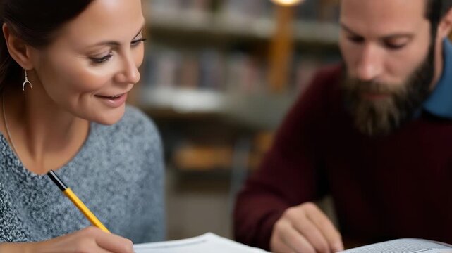 A focused young woman and a bearded man engage in a study session at the library, depicting collaboration, learning, and the pursuit of knowledge in a calm atmosphere.