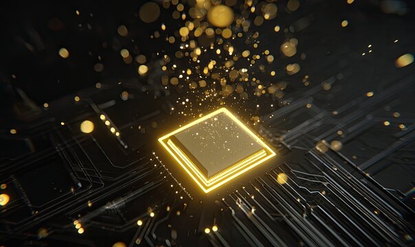 A close-up of a glowing square-shaped component on a circuit board, surrounded by golden bokeh