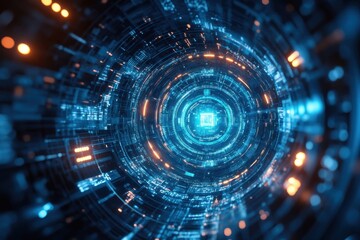 Obraz premium Futuristic digital tunnel illuminated by glowing blue and orange lights in a high-tech environment