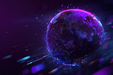 Abstract image of a digital planet floating in a dark space with neon particle trails