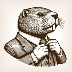 beaver dressed in a formal suit, humorously portrayed as a businessman adjusting his tie sketch engraving generative ai fictional character vector illustration. Scratch board. Black and white image.