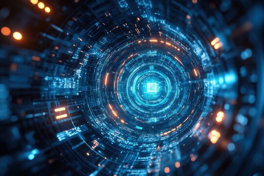 Futuristic digital tunnel illuminated by glowing blue and orange lights in a high-tech environment - Powered by Adobe