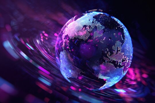 Digital rendering of a glowing Earth with swirling light trails in purples and pinks