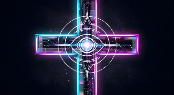 Abstract Cross Design with Glowing Neon Lights and Geometric Shapes - Powered by Adobe