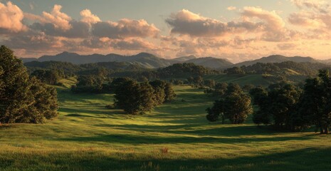 Serene landscape painting showing a sun-kissed valley with rolling hills and a cloudy sky