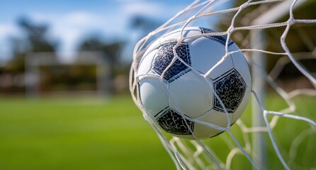 A soccer ball nestled in the net of a goal post, with a blurred green field in the background