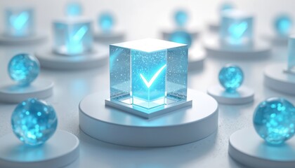 Abstract transparent cube glows with bright white checkmark symbol at center. Blue spheres, cubes stand on clean white platforms. Modern digital processing concept visualizes complex data