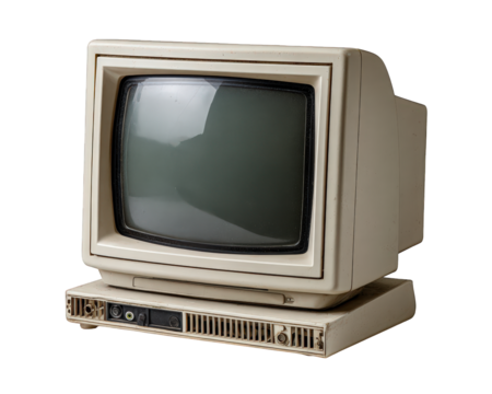 Nostalgic old vintage computer monitor with blank screen. This retro technology object isolated for design projects. Side view of classic electronic hardware from past - Powered by Adobe