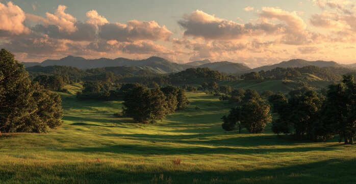 Serene landscape painting showing a sun-kissed valley with rolling hills and a cloudy sky
