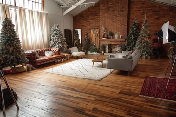 The living room has Christmas trees and decorations. The floor is wood. It's a good place for a photo shoot.