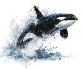 Orca whale breaching through water in a dynamic, artistic splash illustration isolated on transparent background