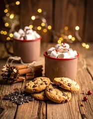 A rustic wooden table with Christmas cookies, hot chocolate mugs topped with whipped cream, and fairy lights in the background